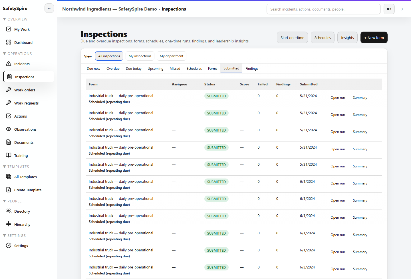 SafetySpire SMS inspections screenshot