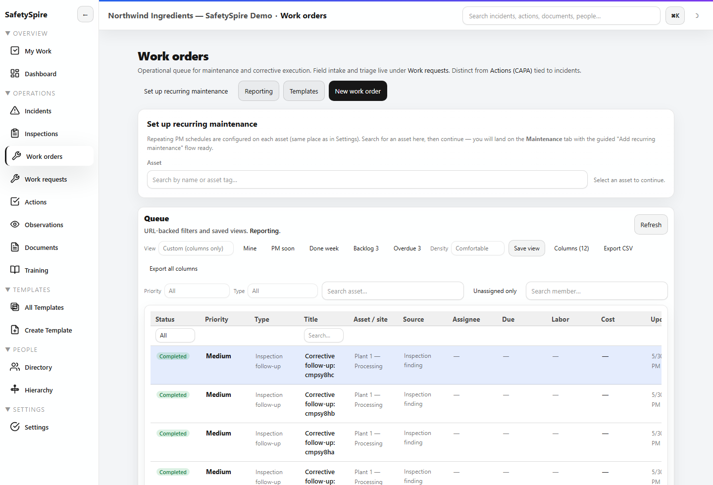 SafetySpire SMS work orders screenshot